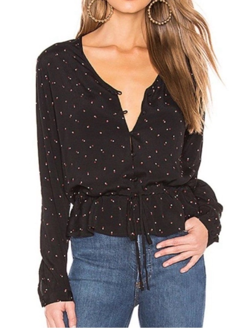 Rails Beaux Black Offset Micro Dot Drawstring V-Neck Blouse XS Whimsigoth Boho